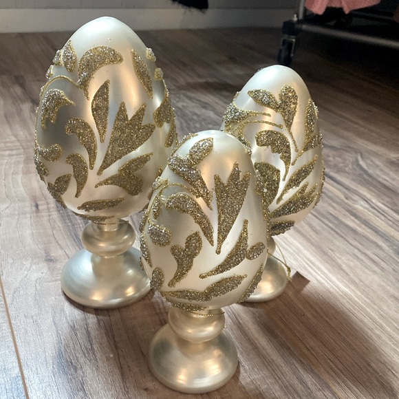Other - NWT! Ivory Satin Glass Beaded Eggs On Pedestal Set of 3